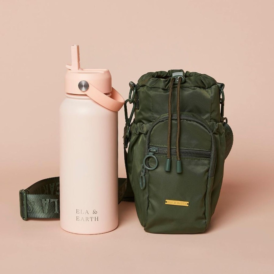 Ela & Earth Olive Green Water Bottle Bag + Blush Pink Water Bottle (1000Ml / 34Oz) | Water Bottle Bags