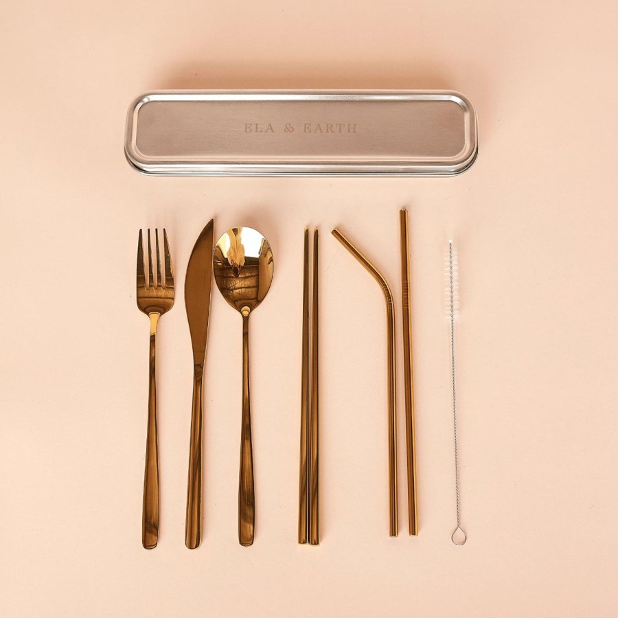 Ela & Earth 7-Piece Gold Reusable Cutlery Set | Lunching Reusable Cutlery