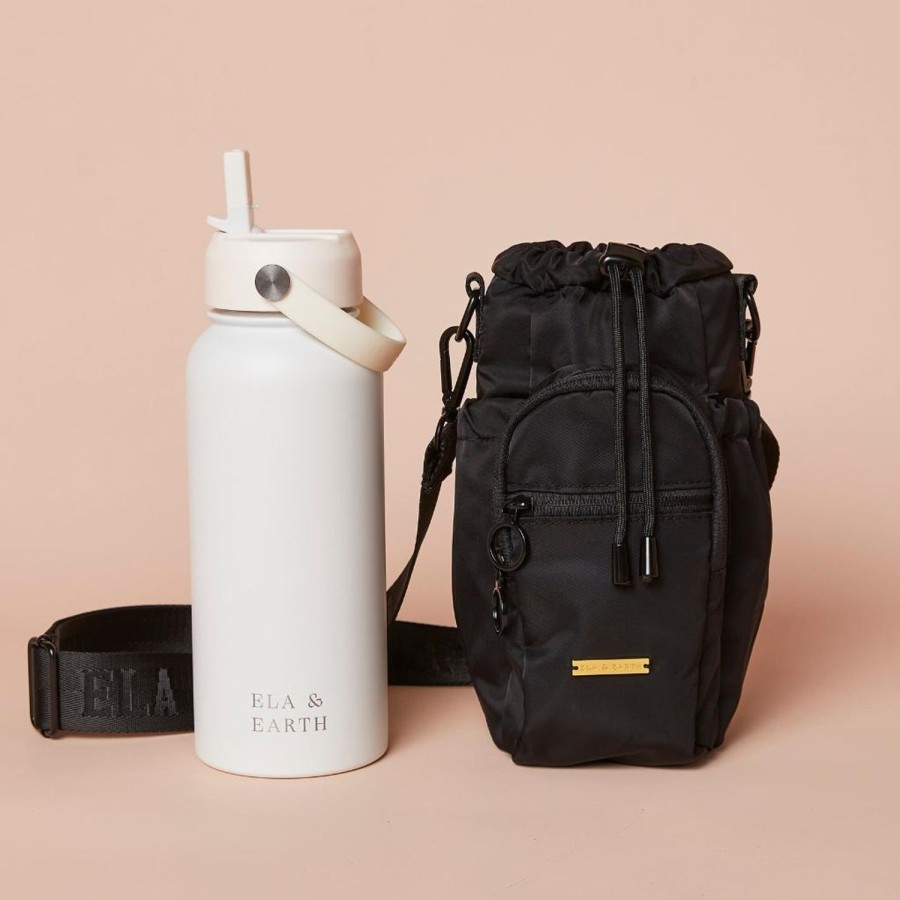 Ela & Earth Black Water Bottle Bag + White Water Bottle (1000Ml / 34Oz) Set | Water Bottle Bags