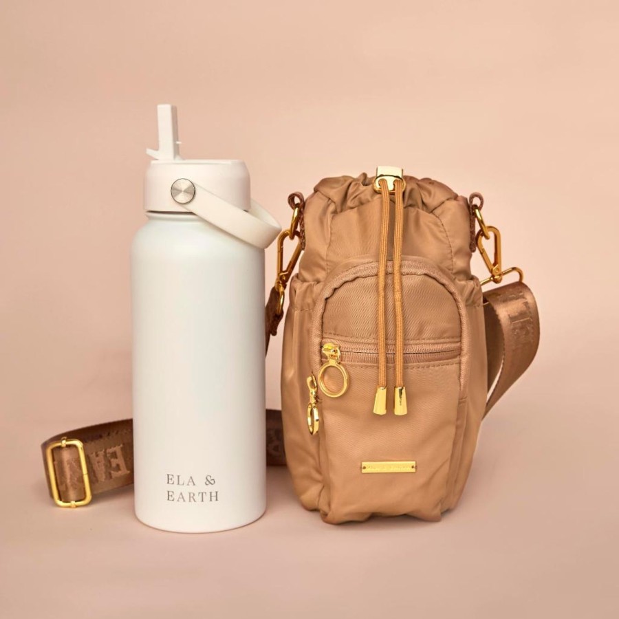 Ela & Earth Biscuit Water Bottle Bag + White Water Bottle (1000Ml / 34Oz) Set | Water Bottle Bags