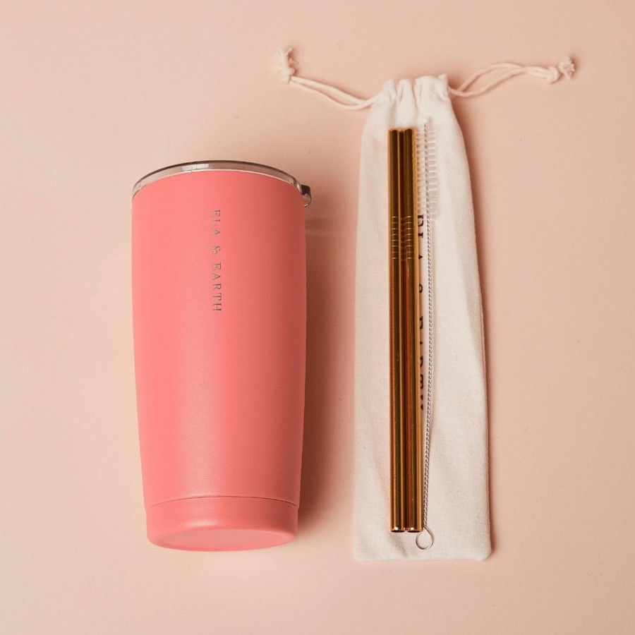 Ela & Earth Coral Insulated Tumbler Set (With Gold Straws) | Drink Insulated Tumblers + Straw Sets