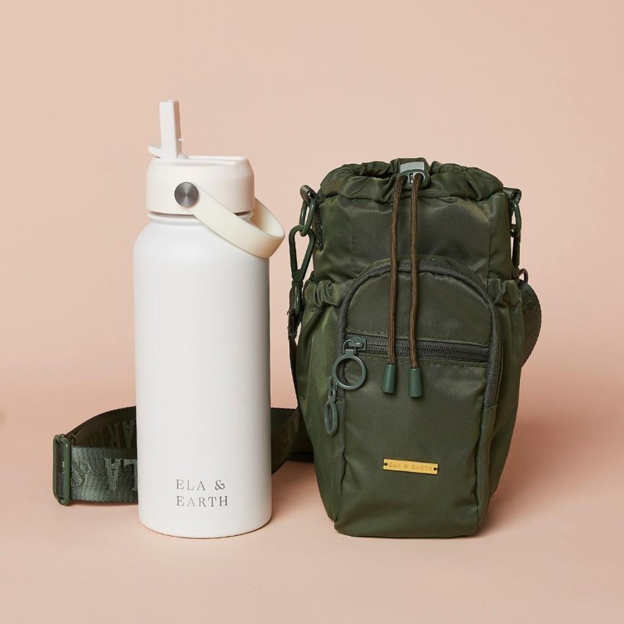 Ela & Earth Olive Green Water Bottle Bag + White Water Bottle (1000Ml / 34Oz) Set | Water Bottle Bags