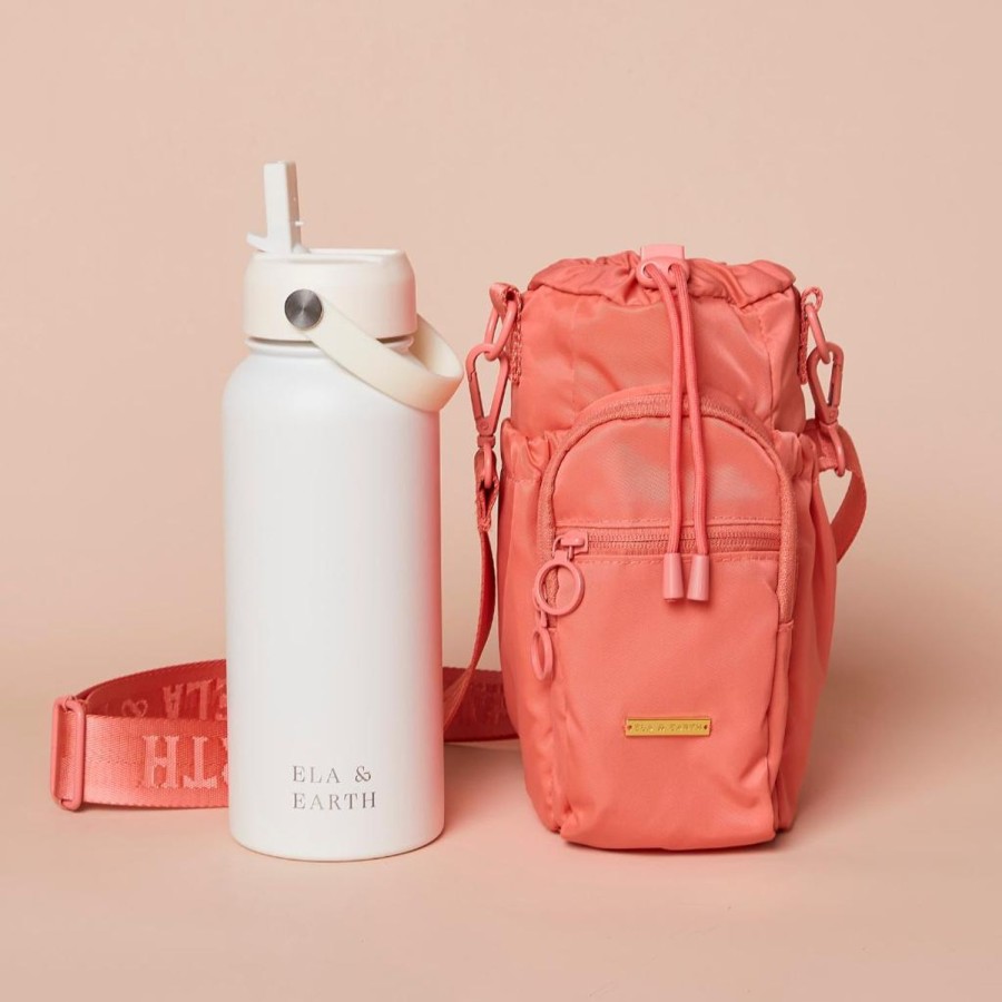 Ela & Earth Coral Water Bottle Bag + White Water Bottle (1000Ml / 34Oz) Set | Water Bottle Bags