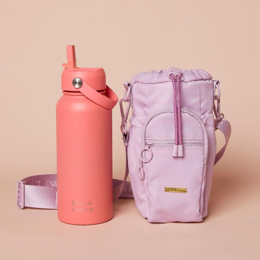 Ela & Earth Lilac Water Bottle Bag + Coral Water Bottle (1000Ml / 34Oz) Set | Water Bottle Bags