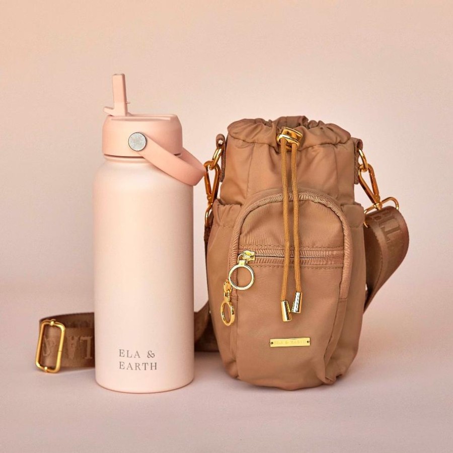 Ela & Earth Biscuit Water Bottle Bag + Blush Pink Water Bottle (1000Ml / 34Oz) Set | Water Bottle Bags