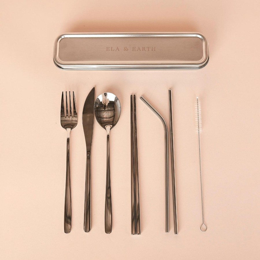 Ela & Earth 7-Piece Silver Reusable Cutlery Set | Lunching Reusable Cutlery