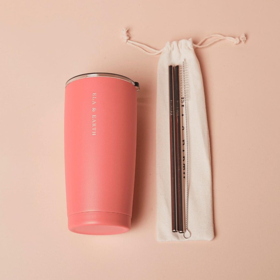 Ela & Earth Coral Insulated Tumbler Set (With Silver Straws) | Drink Insulated Tumblers + Straw Sets