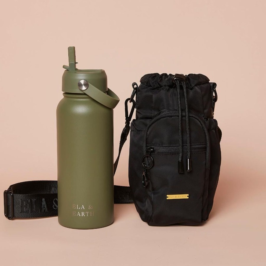 Ela & Earth Black Water Bottle Bag + Olive Green Water Bottle (1000Ml / 34Oz) Set | Water Bottle Bags