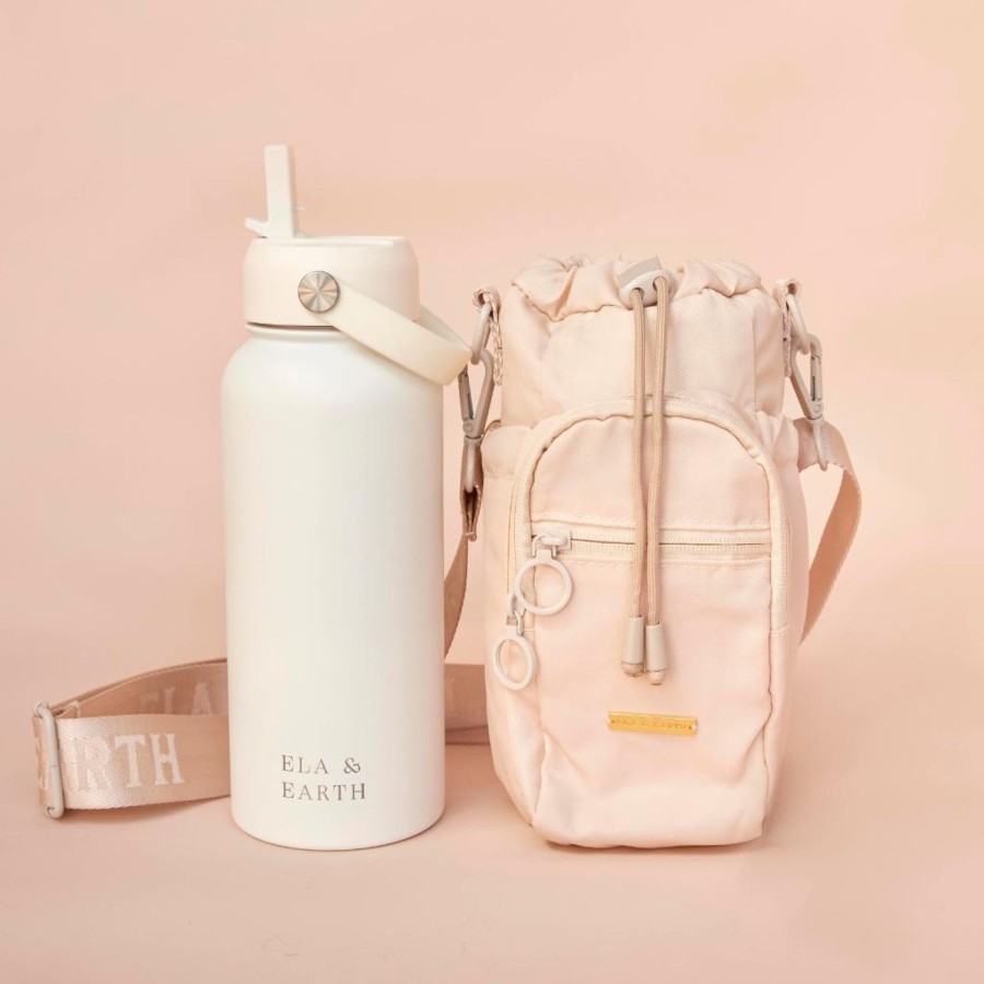 Ela & Earth Milky White Water Bottle Bag + White Water Bottle (1000Ml / 34Oz) Set | Water Bottle Bags