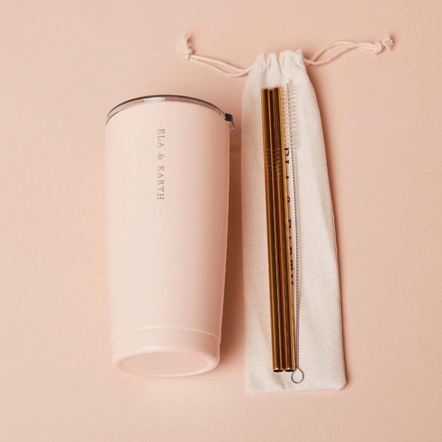 Ela & Earth Blush-Pink Insulated Tumbler Set (With Gold Straws) | Drink Insulated Tumblers + Straw Sets