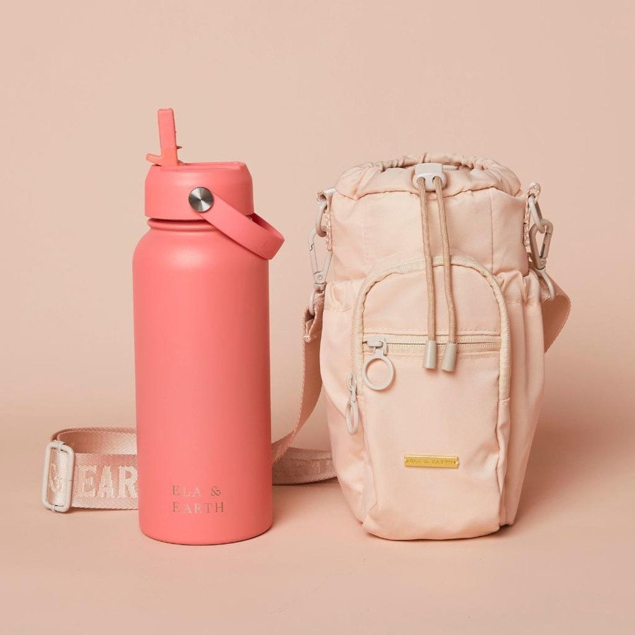 Ela & Earth Milky White Water Bottle Bag + Coral Water Bottle (1000Ml / 34Oz) Set | Water Bottle Bags