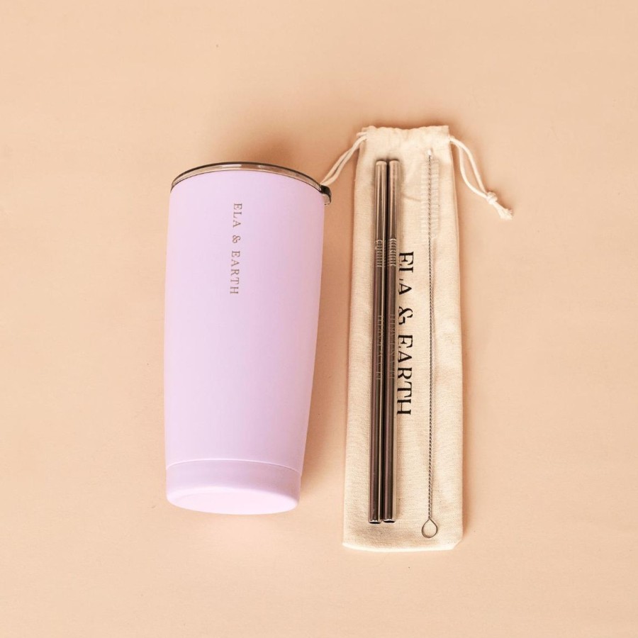 Ela & Earth Lilac - Insulated Tumbler Set (With Silver Smoothie Straws) - 590Ml / | Drink Insulated Tumblers + Straw Sets