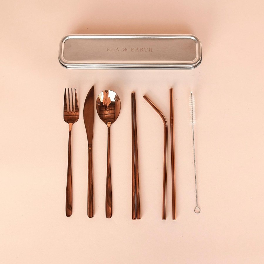 Ela & Earth 7-Piece Rose Gold Reusable Cutlery Set | Lunching Reusable Cutlery