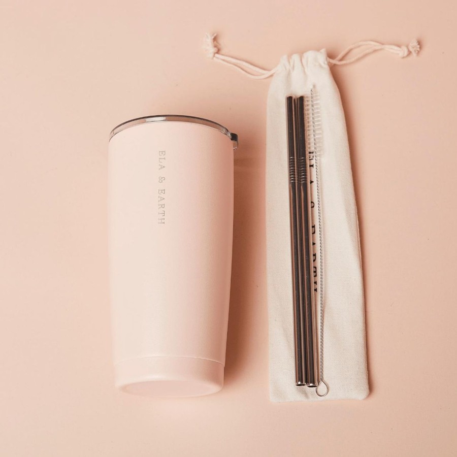 Ela & Earth Blush-Pink Insulated Tumbler Set (With Silver Straws) | Drink Insulated Tumblers + Straw Sets