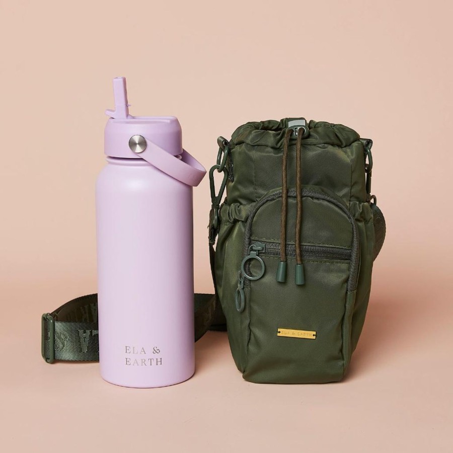 Ela & Earth Olive Green Water Bottle Bag + Lilac Water Bottle (1000Ml / 34Oz) Set | Water Bottle Bags