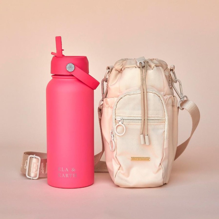 Ela & Earth Milky White Water Bottle Bag + Fuchsia Water Bottle (1000Ml / 34Oz) Se | Water Bottle Bags