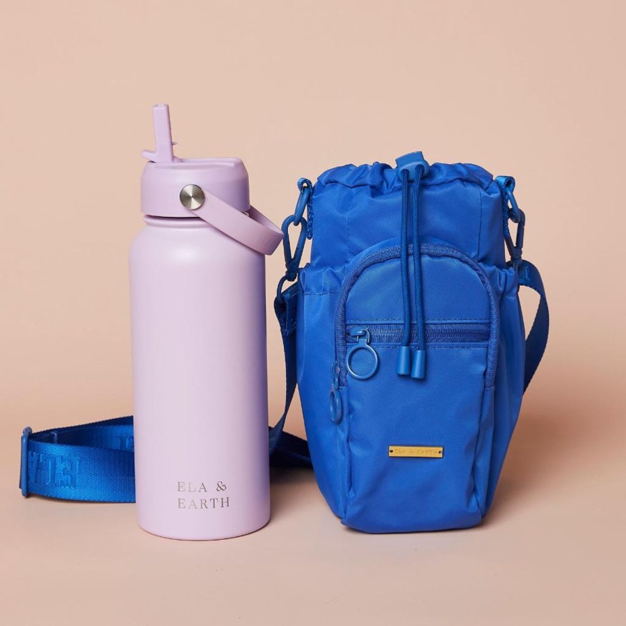 Ela & Earth Electric Blue Water Bottle Bag + Lilac Water Bottle (1000Ml / 34Oz) Se | Water Bottle Bags