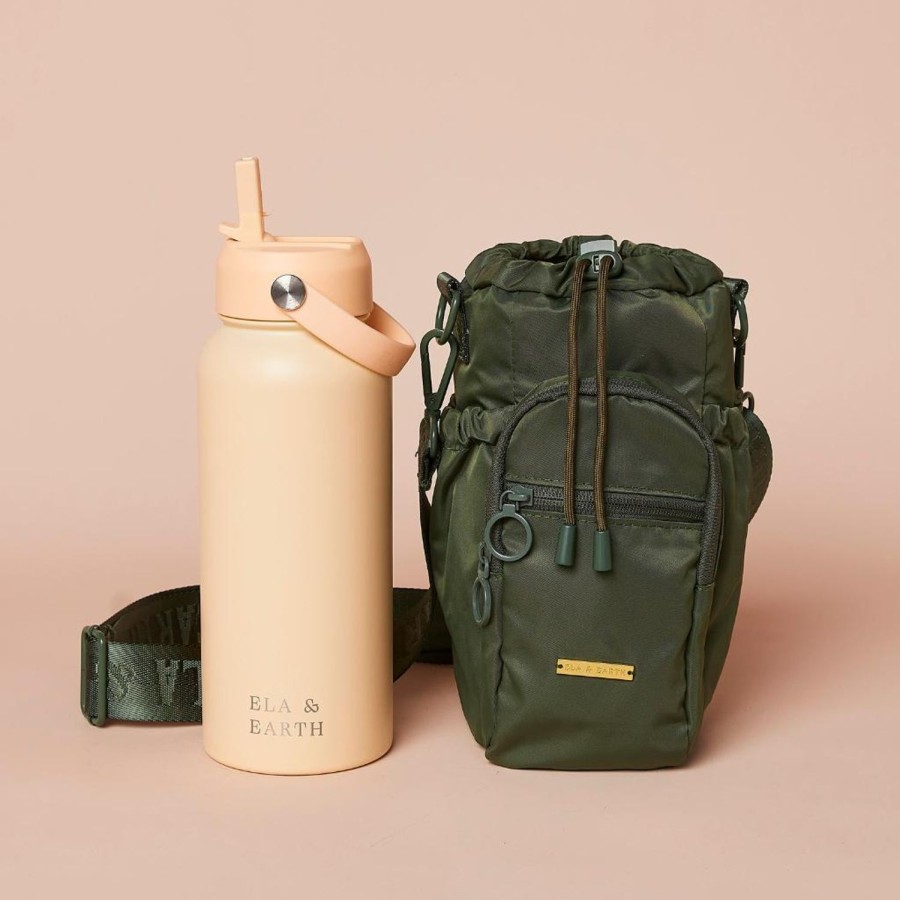 Ela & Earth Olive Green Water Bottle Bag + Butter Yellow Water Bottle (1000Ml / 34 | Water Bottle Bags