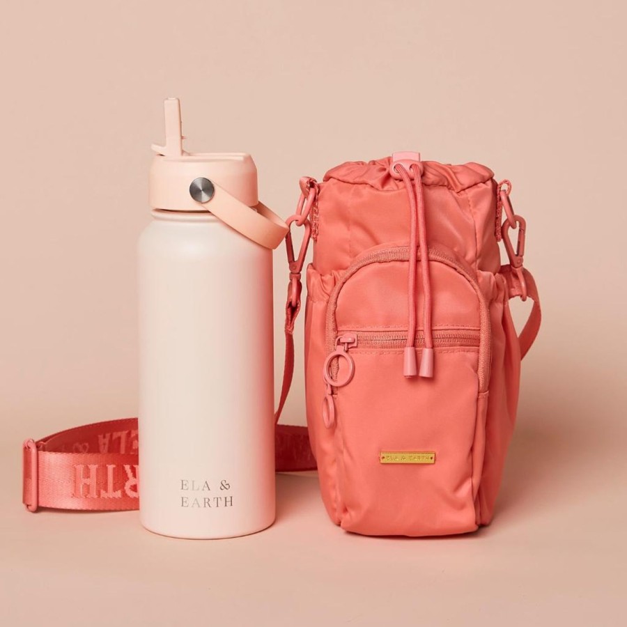 Ela & Earth Coral Water Bottle Bag + Blush Pink Water Bottle (1000Ml / 34Oz) Set | Water Bottle Bags