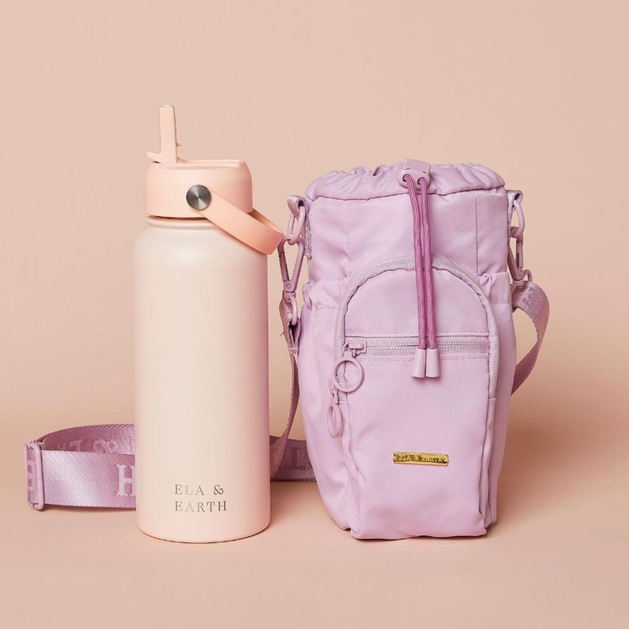 Ela & Earth Lilac Water Bottle Bag + Blush Pink Water Bottle (1000Ml / 34Oz) Set | Water Bottle Bags