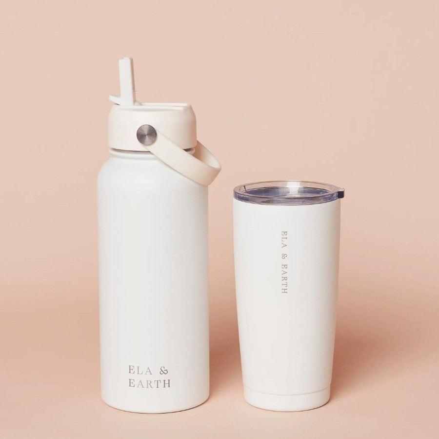 Ela & Earth White - 1 Litre Water Bottle + 20Oz Tumbler Set | Drink 1 Litre Water Bottle + Tumbler Set