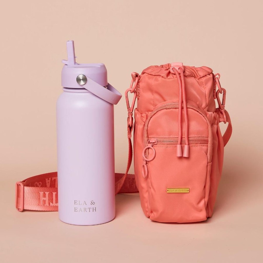 Ela & Earth Coral Water Bottle Bag + Lilac Water Bottle (1000Ml / 34Oz) Set | Water Bottle Bags