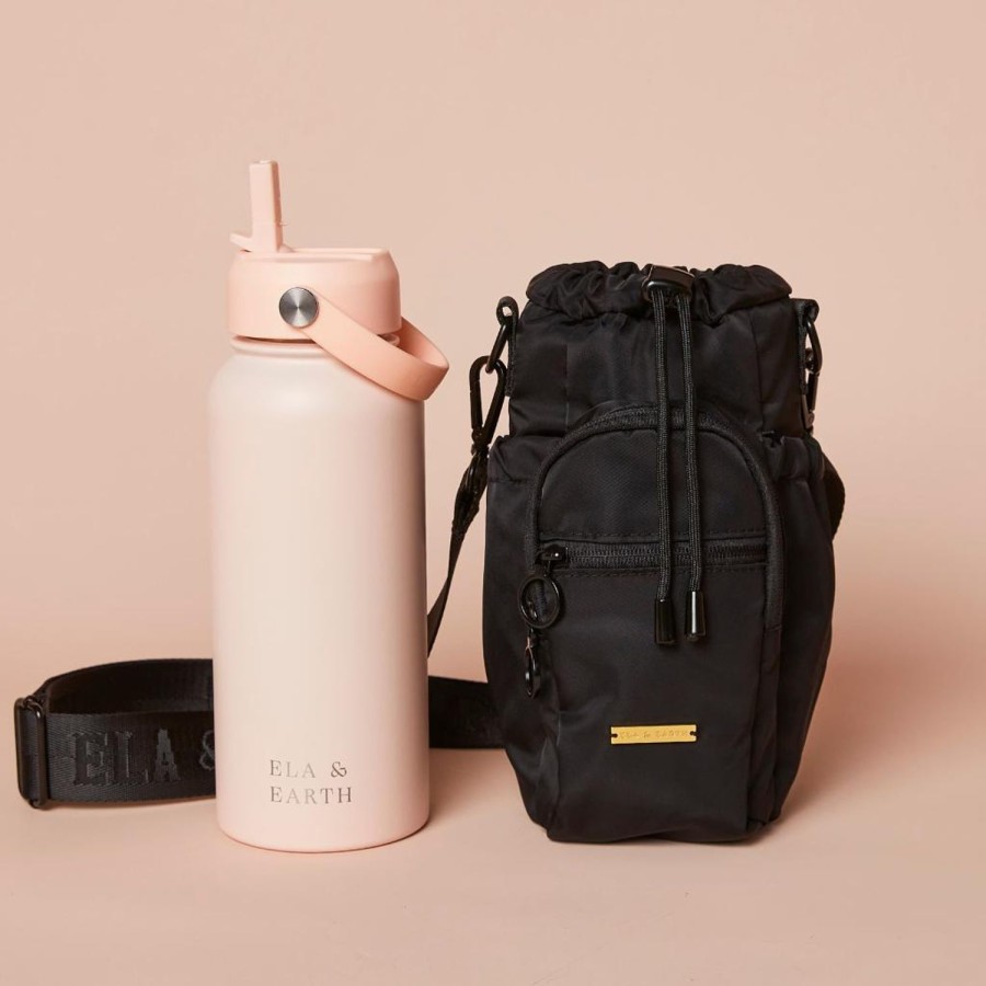 Ela & Earth Black Water Bottle Bag + Blush Pink Water Bottle (1000Ml / 34Oz) Set | Water Bottle Bags