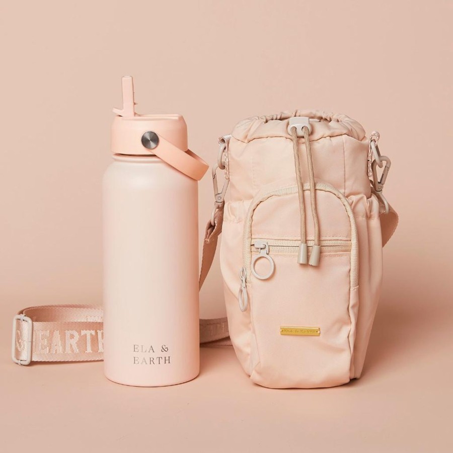 Ela & Earth Milky White Water Bottle Bag + Blush Pink Water Bottle (1000Ml / 34Oz) | Water Bottle Bags