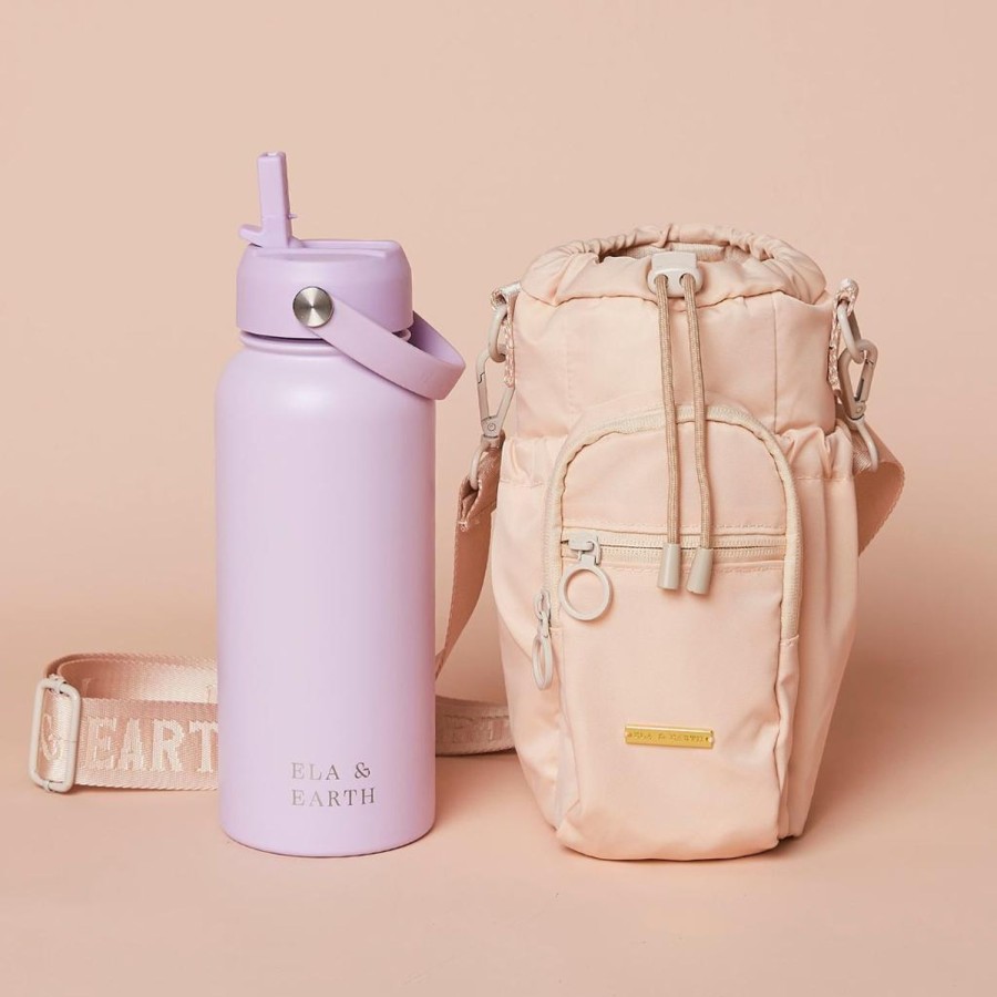 Ela & Earth Milky White Water Bottle Bag + Lilac Water Bottle (1000Ml / 34Oz) Set | Water Bottle Bags