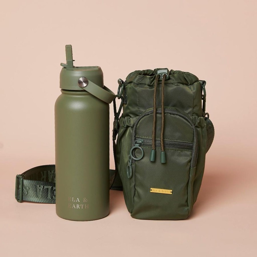 Ela & Earth Olive Green Water Bottle Bag + Olive Green Water Bottle (1000Ml / 34Oz | Water Bottle Bags