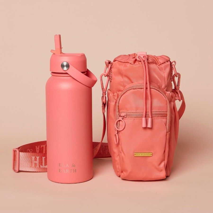 Ela & Earth Coral Water Bottle Bag + Coral Water Bottle (1000Ml / 34Oz) Set | Water Bottle Bags