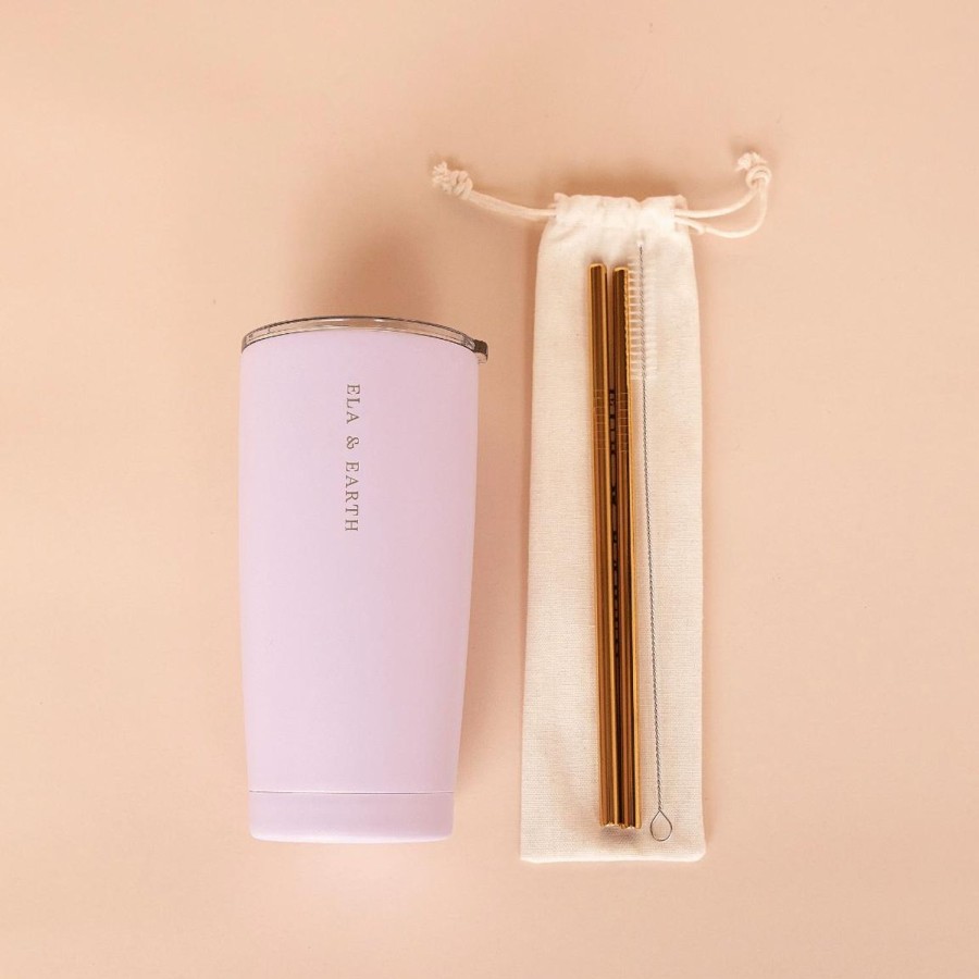 Ela & Earth Lilac - Insulated Tumbler Set (With Gold Smoothie Straws) - 590Ml / 20 | Drink Insulated Tumblers + Straw Sets